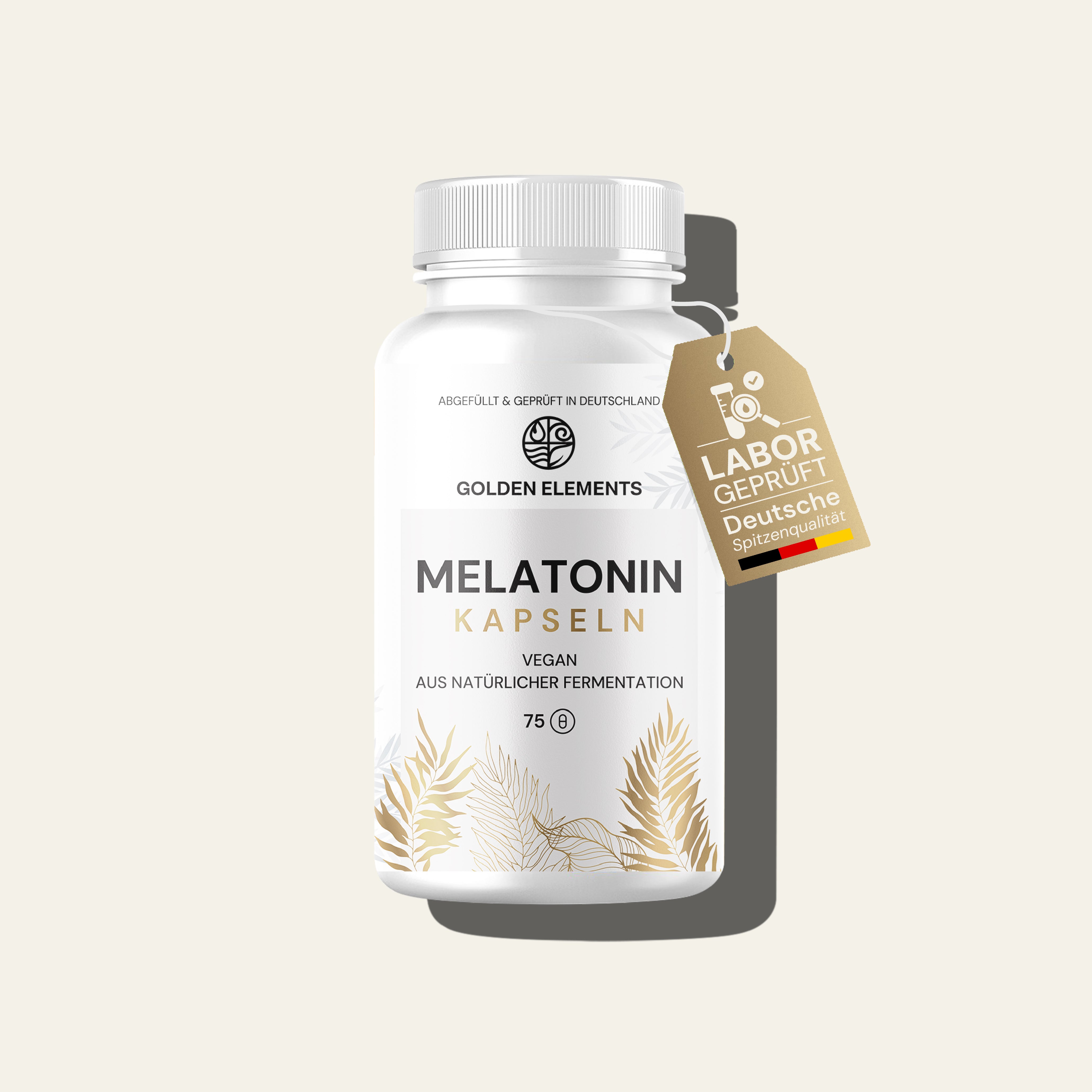 Dose Melatonin Kapseln von Golden Elements mit goldenen Blättern auf hellem Hintergrund – Fokus auf Etikettendesign.
